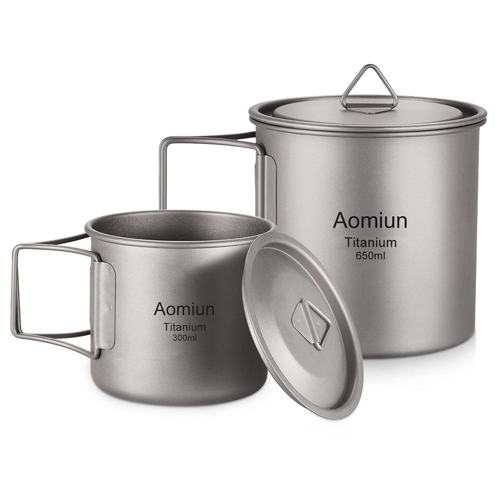 Aomiun Ultralight Titanium Cup Outdoor Portable 2PCS Cup Set 300ml 650ml Camping Picnic Water Cup