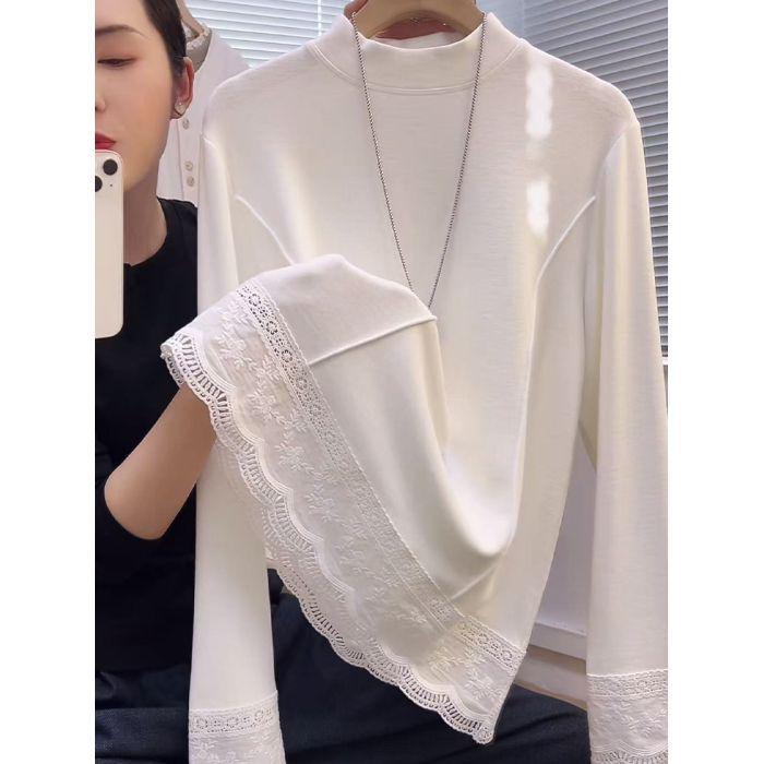 Women s White Lace Long-Sleeve T-shirt - Autumn/Winter Style, Slimming Fit, Elegant Loose Design Medium белый