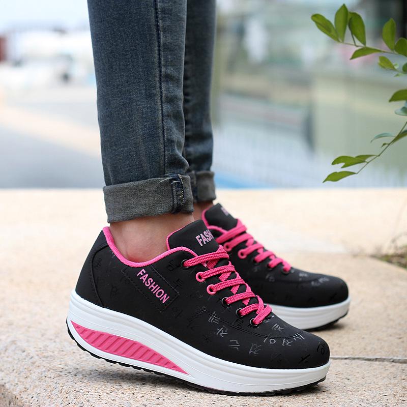 Casual Sports Shoes Breathable Comfortable Wedge Heel Thick Sole Sneakers Lace Up