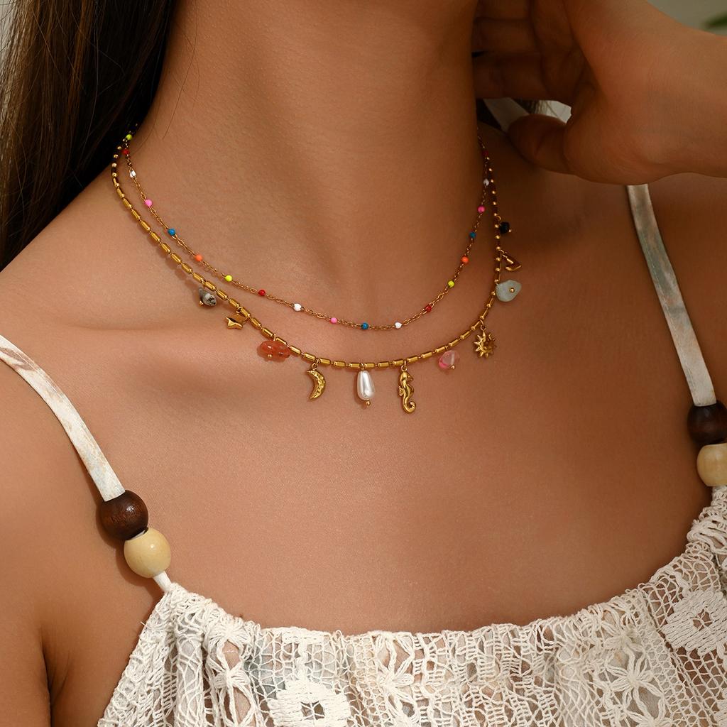 Geometric Ocean Style Necklace Heart Seahorse Multi-Layer Rhinestone Pendant Jewelry for Women