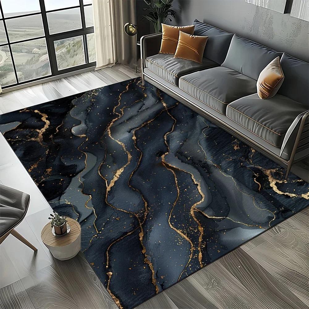 Modern Art Fashion Marble Black White Gold Stone Carpet Rug for Living Room Bedroom Home Sofa Decoration,Non-slip Floor Mat