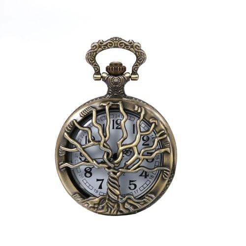 JewelryWe Pocket Watch Pendant with Tree of Life Skeleton, Retro Antique Style Analog Pocket Watch Necklace, Waterproof, for Men and Women, Perfect Fo
