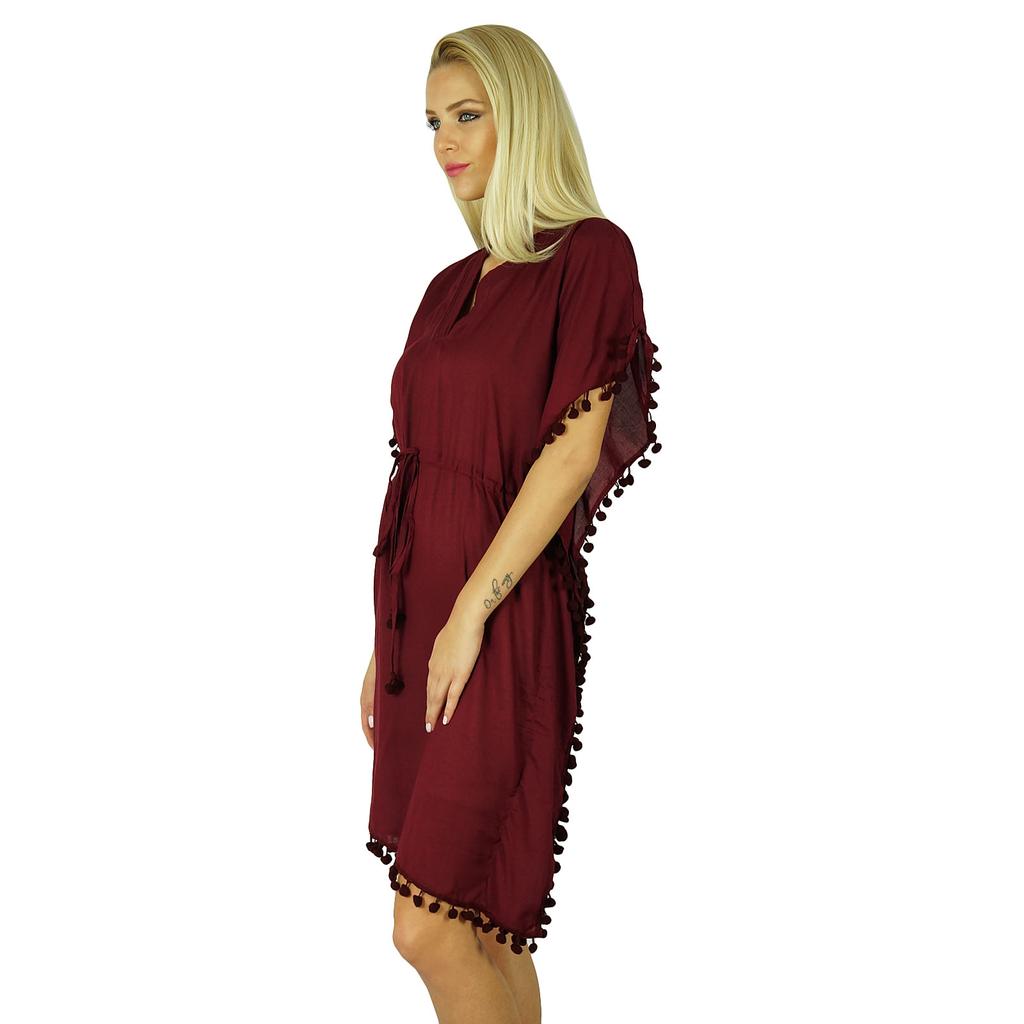 Bimba Women Cotton Kaftan With Pom Pom Tassels Short Caftan Beach Coverup