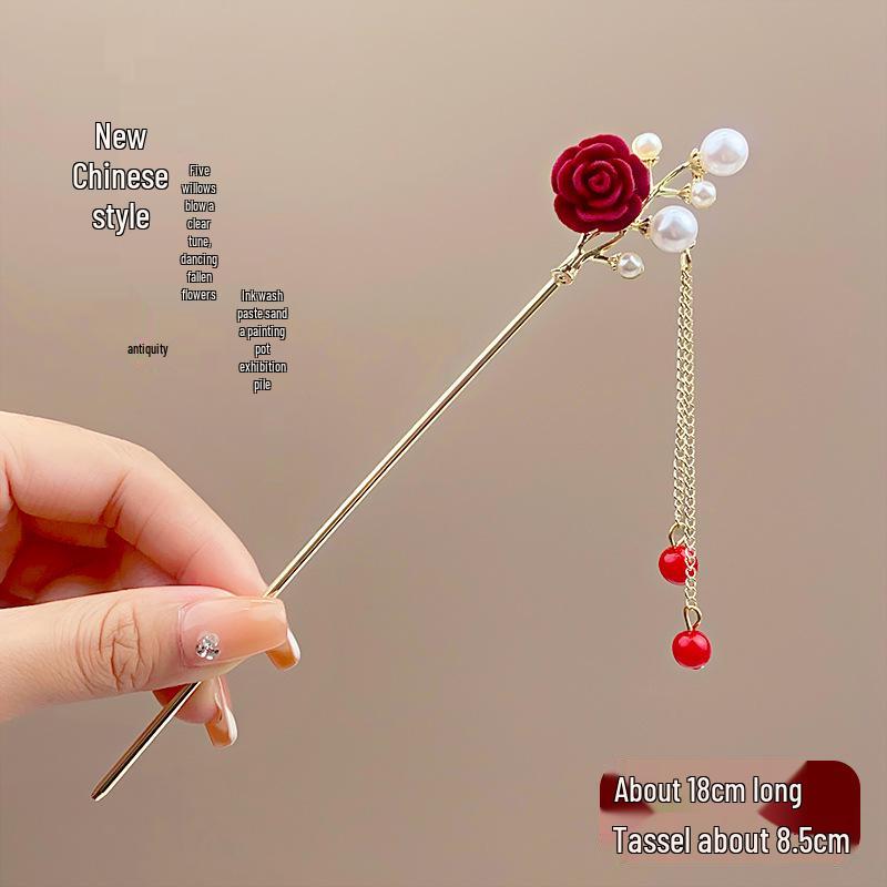Elegant Red Rose Tassel Hairpin - U-shaped Hair Accessory for Women, Perfect for Updos and Traditional Attire.