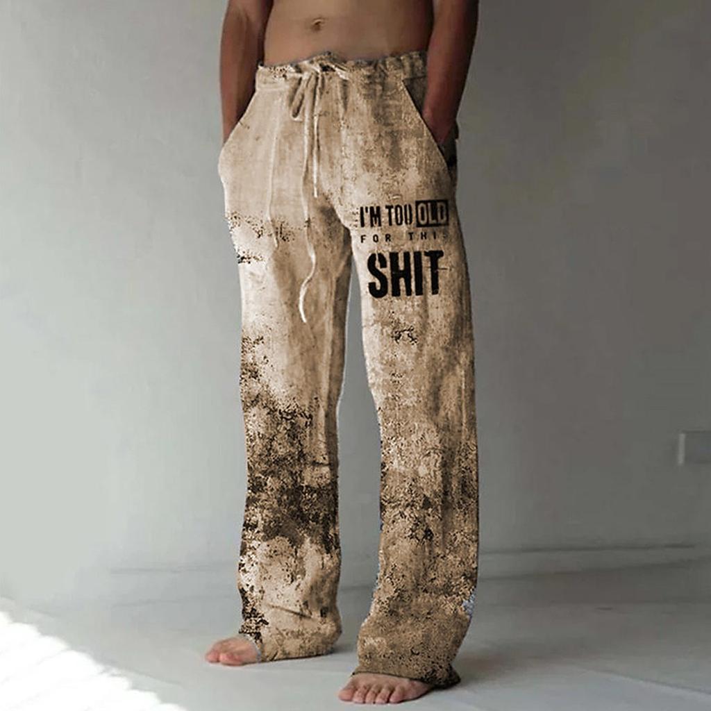 Retro Fashion Printed Men's Casual Pants Beach Men's Loose Casual Men's Pocket Pull Rope Linen  Sports Pants