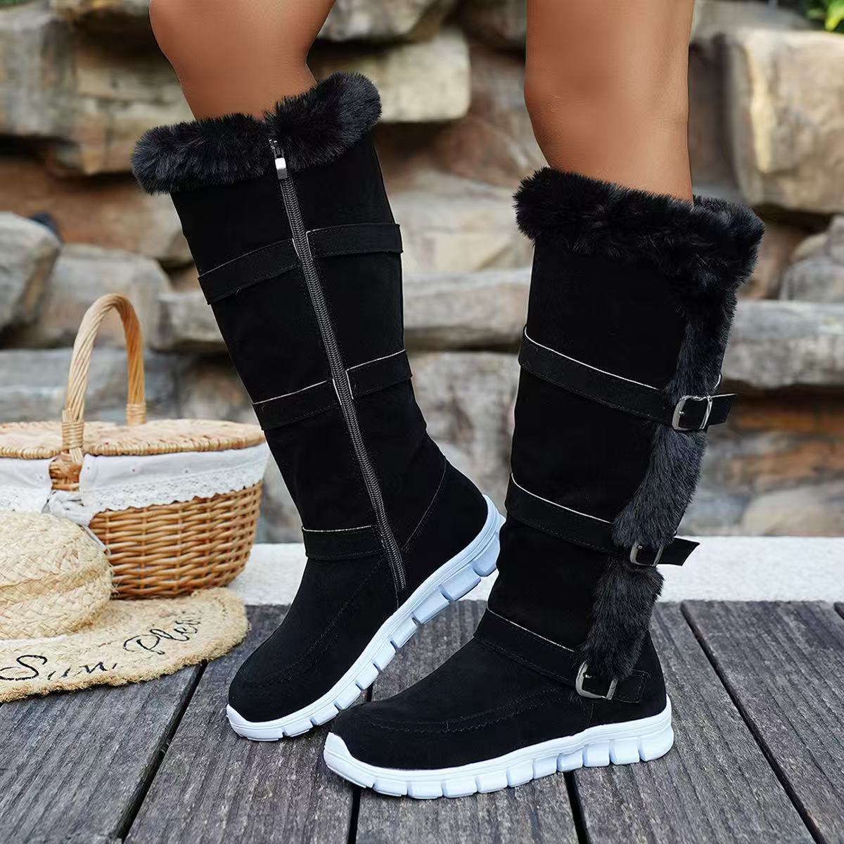 

Belt Buckle Warm Snow Boots 2025 Winter New Fleece Thickened Plus Size Wool High Cotton Shoes for Women 43 чёрный