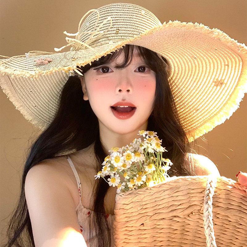 Lace Bow Straw Hat Women's Summer French Large Brim Sunscreen Hat Seaside Beach Vacation Sun Hat