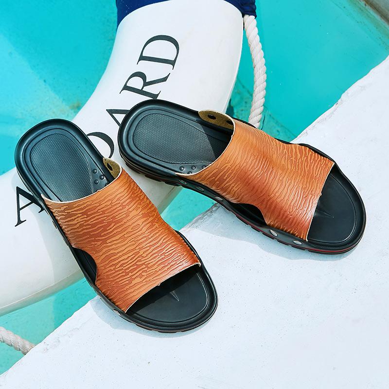 Fashion Simple Slip on Slippers New Genuine Leather Men Slippers Beach Shoes Men Summer Flat Heels Male Slides Luxury Plus Size 38-48