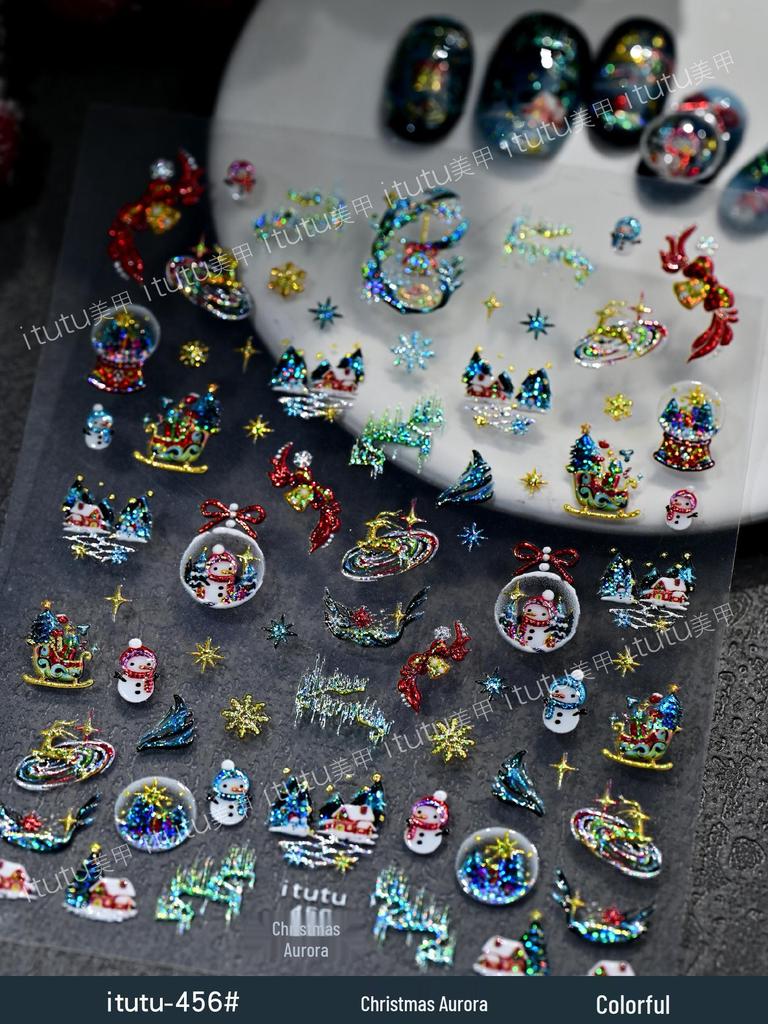 Itutu Christmas Nail Stickers: Colorful Trees, Wreaths, Snowflakes & Bows. Self-Adhesive, Hot Stamping Design for Festive Fingertips.