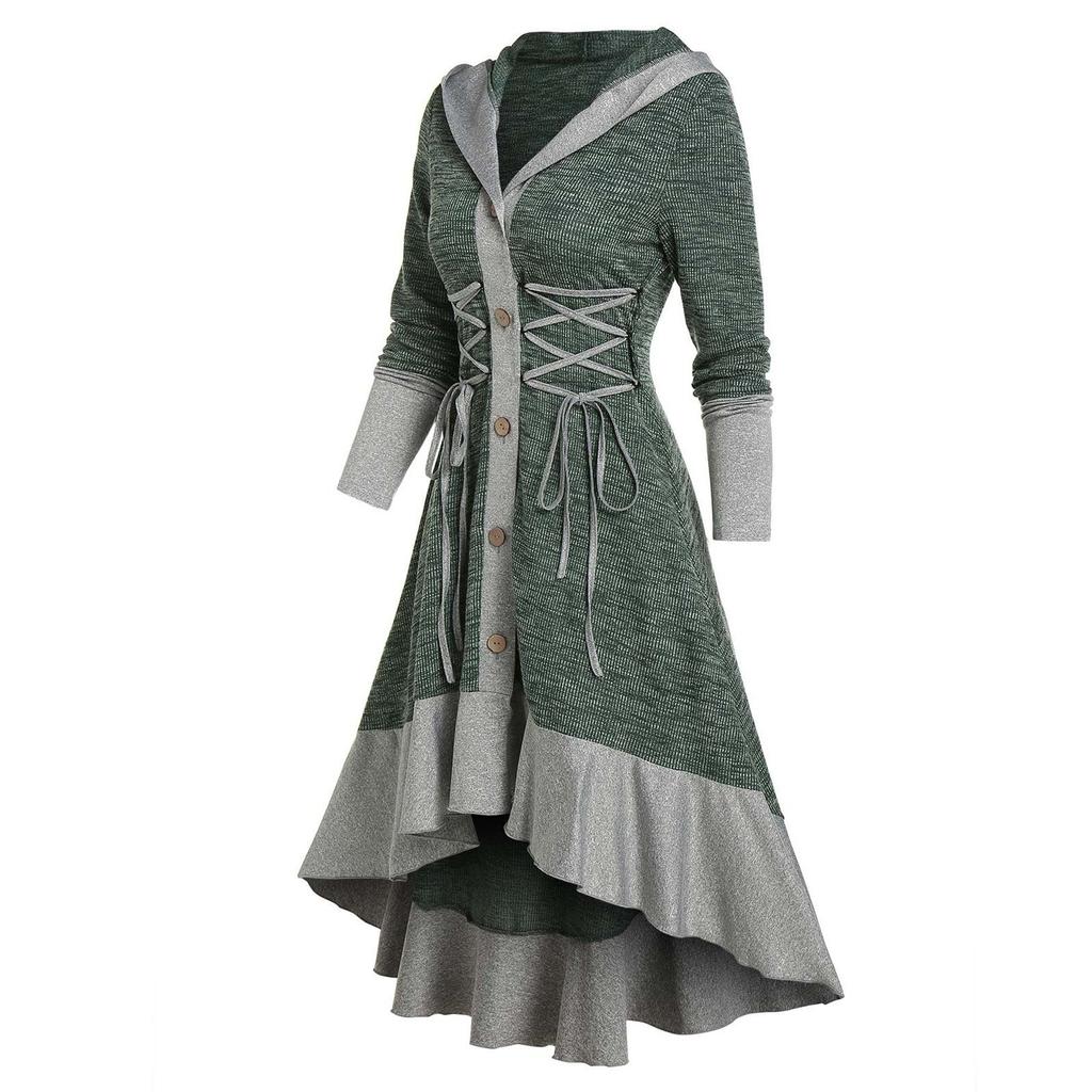 Women  Contrast Ribbed Ruffles Flare Sleeve Button Coat High Low Cardigan