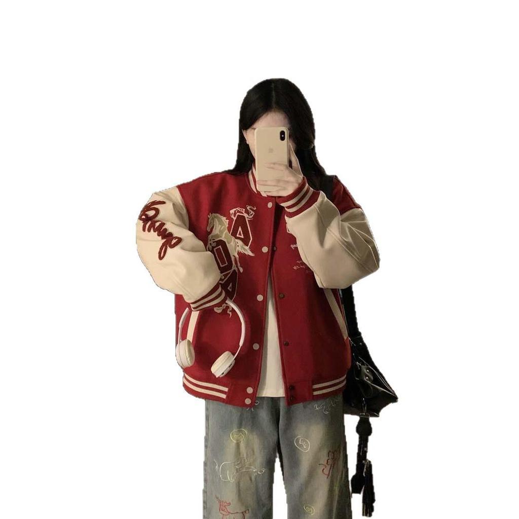 Women's Year of the Horse Embroidered Red Baseball Jacket Coat, 2026 Trendy Couple Design