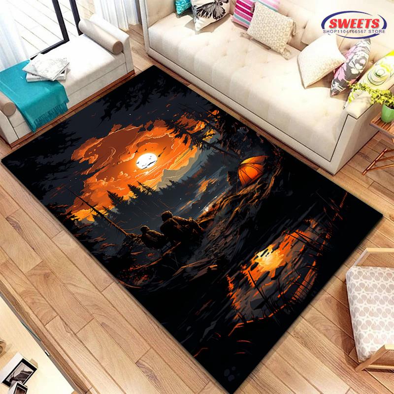 New Shelves! Outdoor Camping Theme Printed Carpet, Living Room Bedroom Office Children's Room Rug, Non-slip Machine Washable Mat