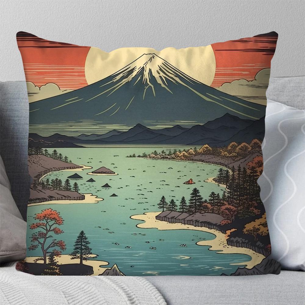 

1pc Japan Mount Fuji Ukiyo-e Retro Pillow Case Square Pillow Bedroom Sofa Leisure Comfort Car Living Room Home Decoration 40X40 16x16Inch
