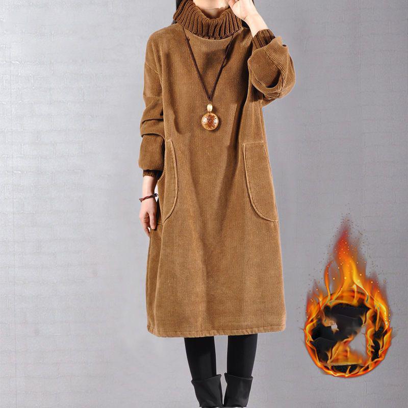 Rochie Fleece Mărime Mare 5XL 140kg Toamnă Iarnă Mânecă Lungă Guler Înalt Culoare Solidă Rochie Talie Lejeră Călduroasă Îngroșată