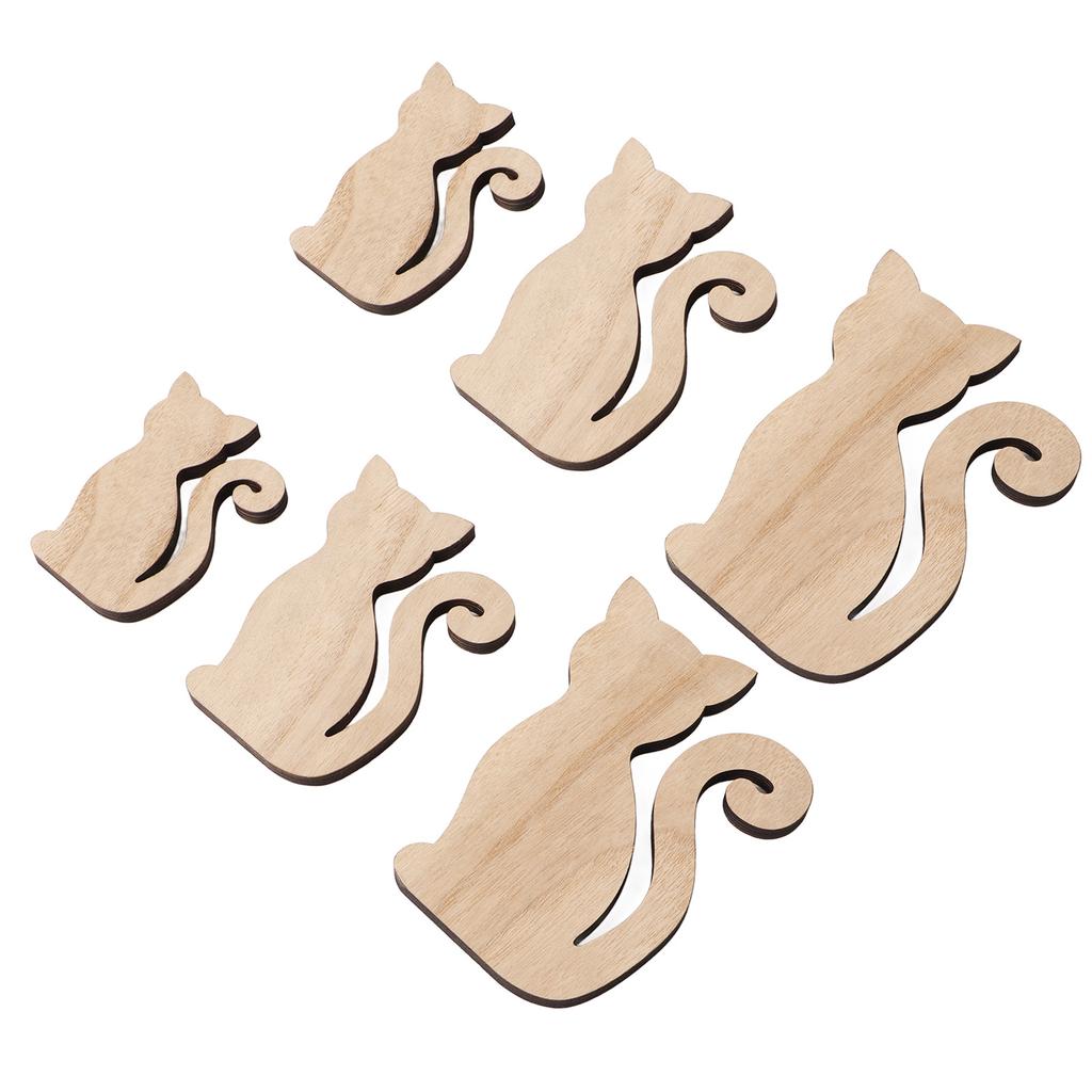 6Pcs Wood Cat Cutout 3 Sizes Exquisite Unpainted Unfinished Wooden Cutouts for DIY Craft Pet Party