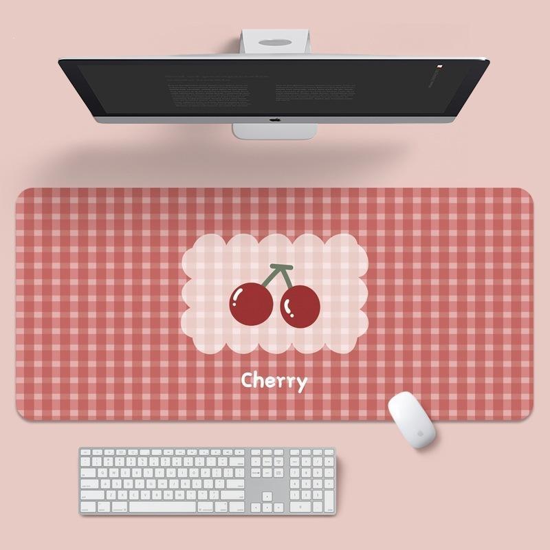 Large Extended Desk Mat Cute Cherry Pink Plaid Print Nonslip Base For Home Office Gaming Use