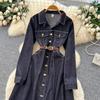French retro light and mature style high-end metal buckle lapel long sleeve single-breasted buckle strap waist denim dress women