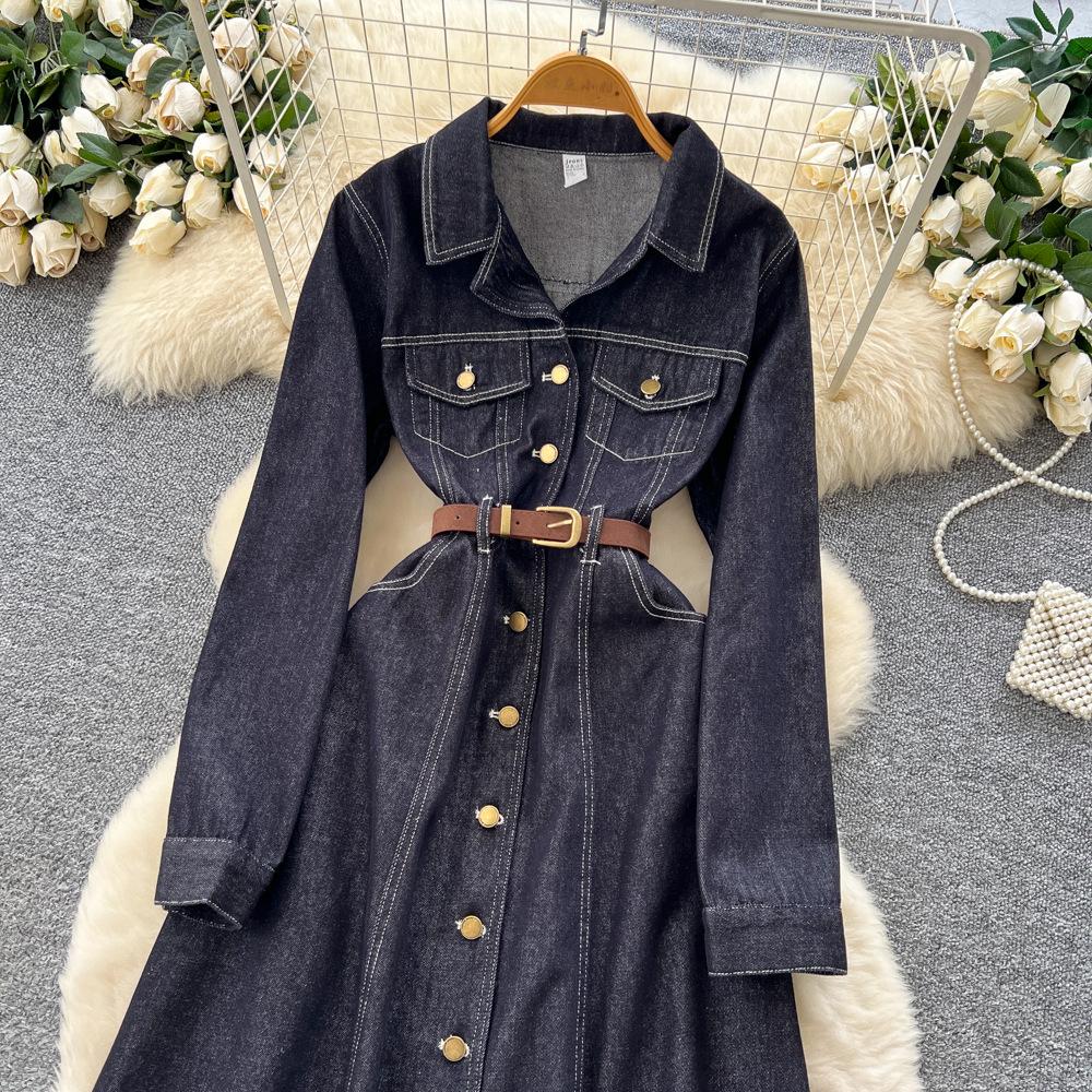 French retro light and mature style high-end metal buckle lapel long sleeve single-breasted buckle strap waist denim dress women