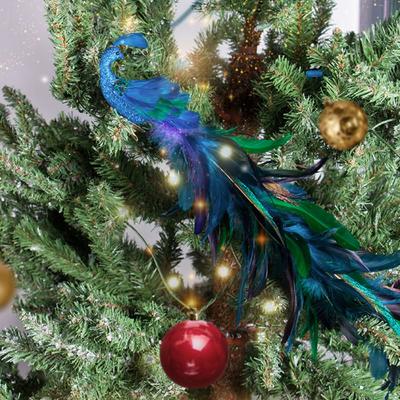 Glitterende Kerstboom Pauw Decoratie met Clip Simulatie Turquoise Vogel Hanger Veer Kunstmatige Lange Pauwenstaart