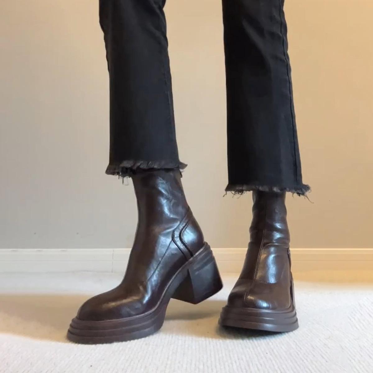 

Cowhide version~ retro leather short boots thick-soled heightening Martin boots women s simple rear zipper thick heel retro thin boots 35