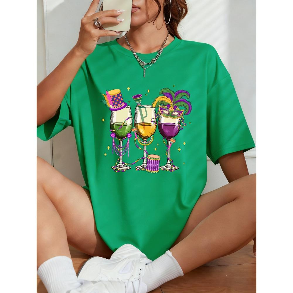 Happy Carnivals Wine Cup Hand Drum Print Short Sleeve Women Cotton Y2K Crewneck T-Shirt Soft Top Summer Loose T Shirt