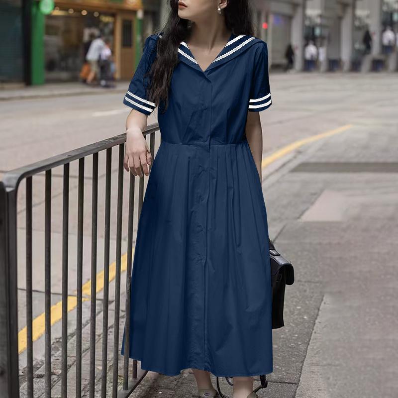 

ZANZEA Женское летнее повседневное платье с темно-синим воротником и коротким рукавом темно-синий