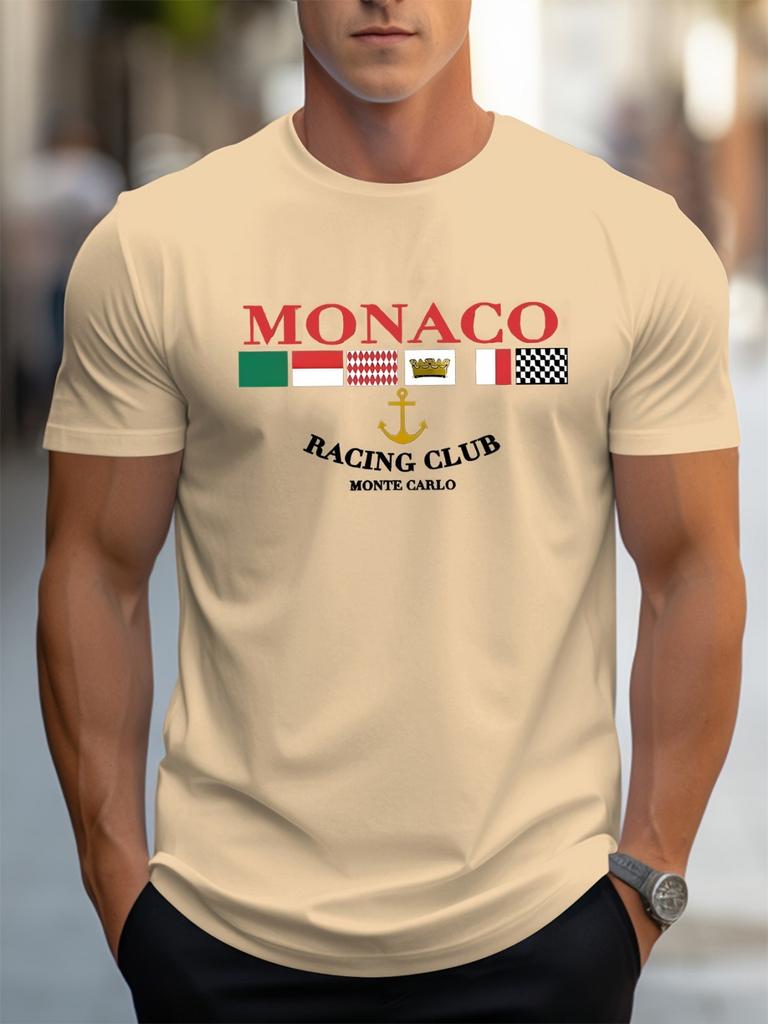 Summer Mens Polyester Fabric Breathable Round Neck TshirtMONACO Letter Printed Outdoor Casual Top for Fun