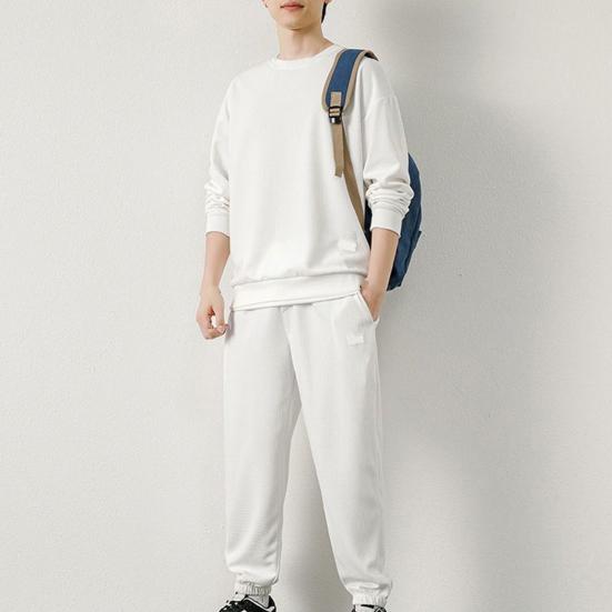 2 stk/sett Herre Uformell sportsdrakt Vaffeltekstur O-hals Langermet genser Elastiske midjelommer Joggerbuksesett Loose Fit genserdress