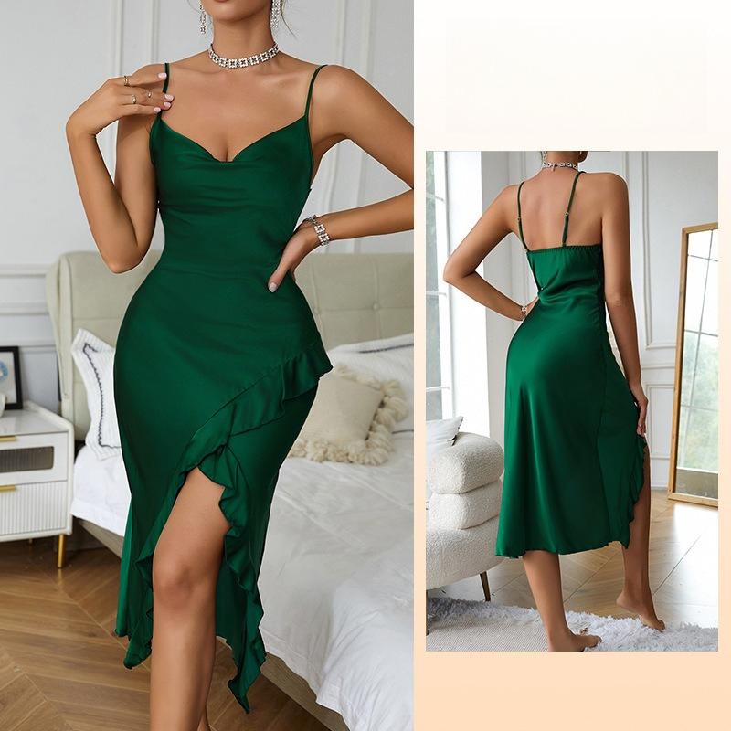 Women's Solid Color High Slit Nightgown Ruffle Trim Sexy Sleeveless Camisole Loungewear 635 Chic Versatile Sleepwear That Can Be Worn as a Mini Dress