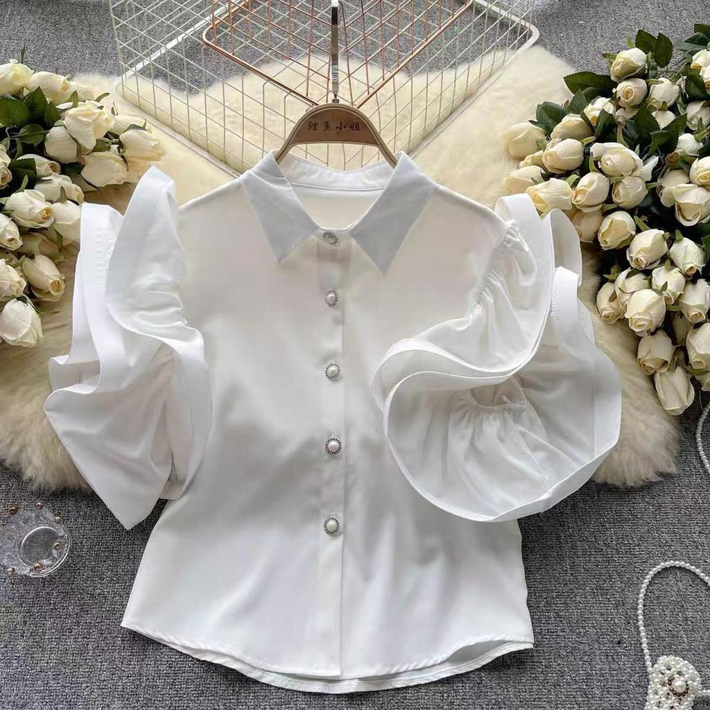Women's French Ruffle Shirt Summer Fashion Lapel Blouse