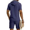Men's Linen Hooded Shirt & Shorts Cardigan Set with Work Pants - Two-Piece Set in Stock.