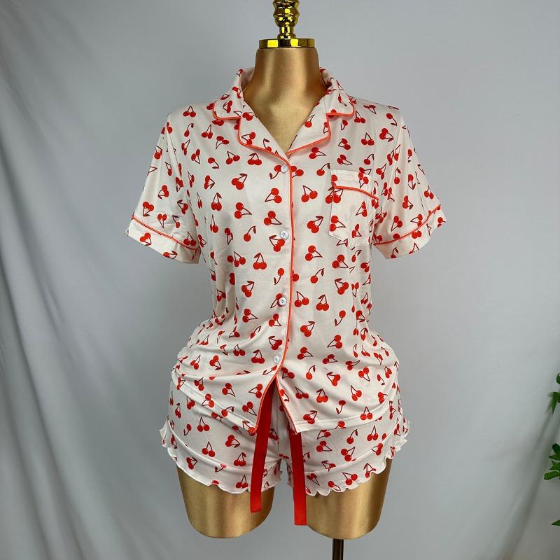 Women European Style Casual Printed Short Sleeve Shorts Pajama Two Piece Set Home Loungewear