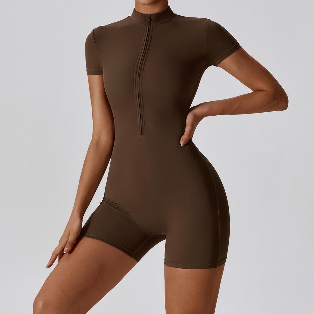 Women's Summer Zipper Short Sleeve Yoga Bodysuit Jumpsuit