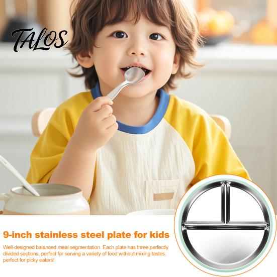 Silicone Sleeve Toddler Plate Baby with Suction Base 3-Section Divided Stainless Steel Safe Cup Dish 9" Unbreakable Anti Breakage Metal Bowls