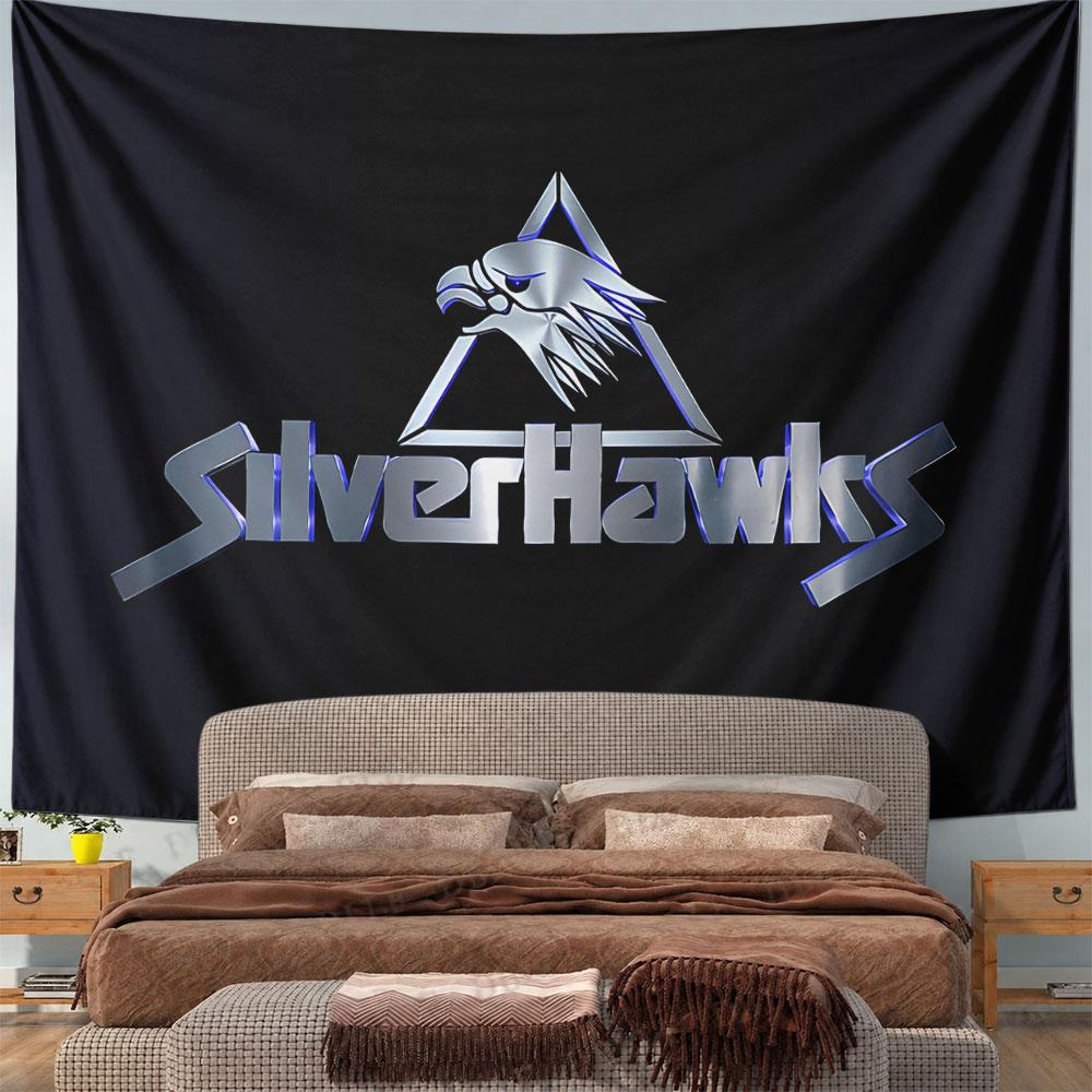Metallic eagle head within a triangle, with "SilverHawks" text below. Patterned tapestry for bedroom and living room home decor