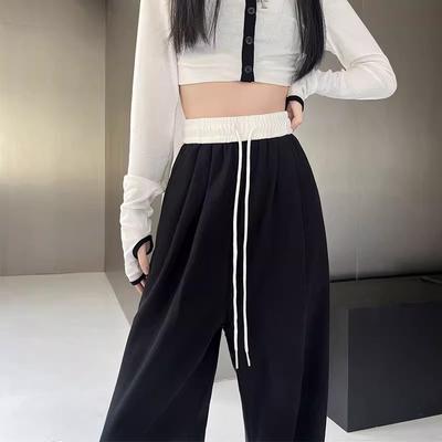 Black Straight-leg Sweatpants Women's Spring and Autumn New Loose Contrasting Color Casual Sweatpants High Waist Drooping Wide-leg Pants