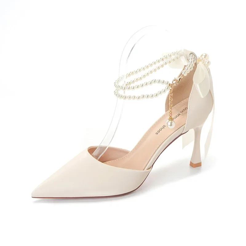 Fashion Women Summer High Heels Sandals Lady Pointed Toe Stiletto Butterfly Knot Pumps Fashion Pearl Buckle Strap Wedding Bridal Shoes