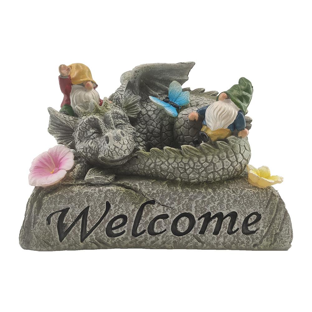 Resin Adorable Baby Dragon Figurines with Solar Light Waterproof Garden Sculpture Cute Dragon Statue for Patio Yard Lawn Porch