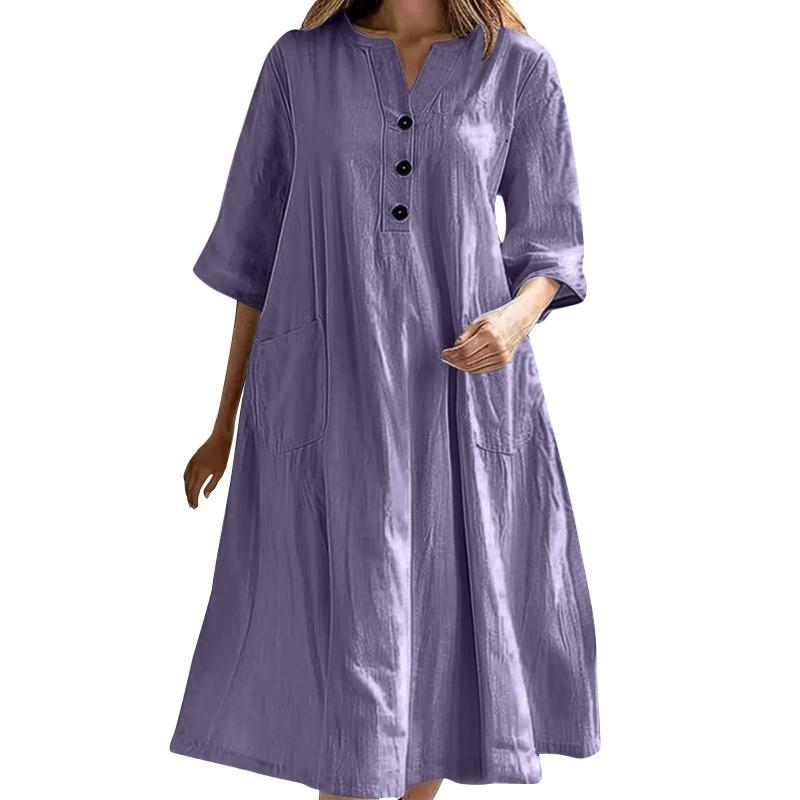 Women's Three-button Pocket Dress Women's Mid-length V-neck Half-sleeved
