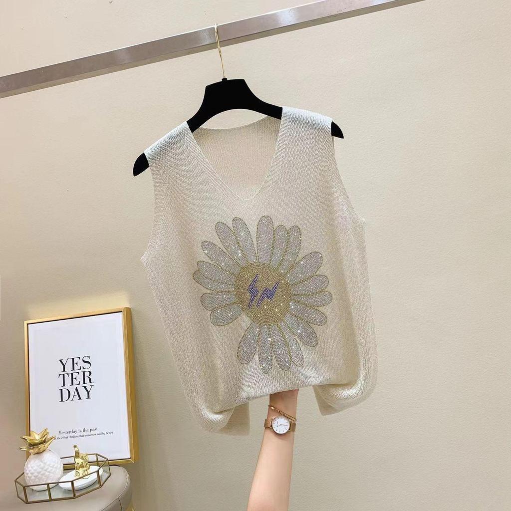 2023 Shiny Silk Sleeveless V-Neck Women's Vest - Spring/Summer New Style, Loose Fit with Hot Diamond Sling Knitted Design