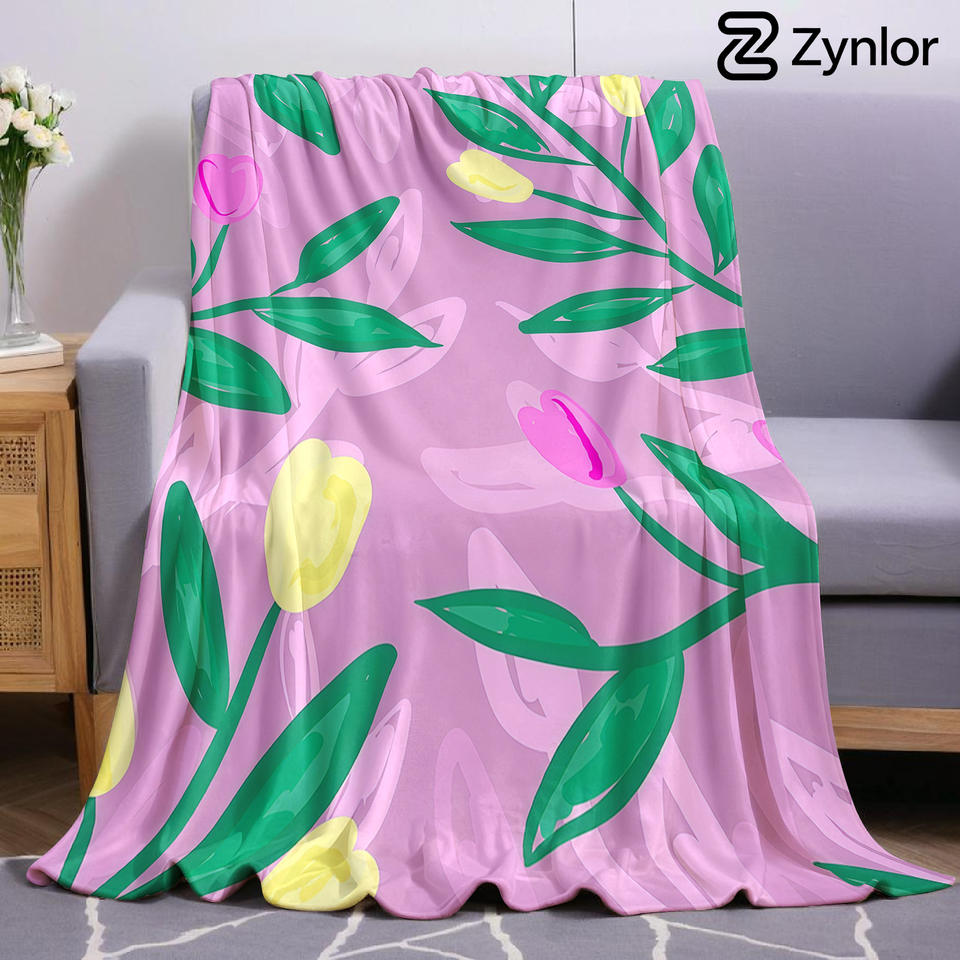 Pink Tulip Leaf Lightweight Microfiber Soft Christmas Fleece Blanket Warm Cozy Throw for Bed Sofa Office Travel All Season