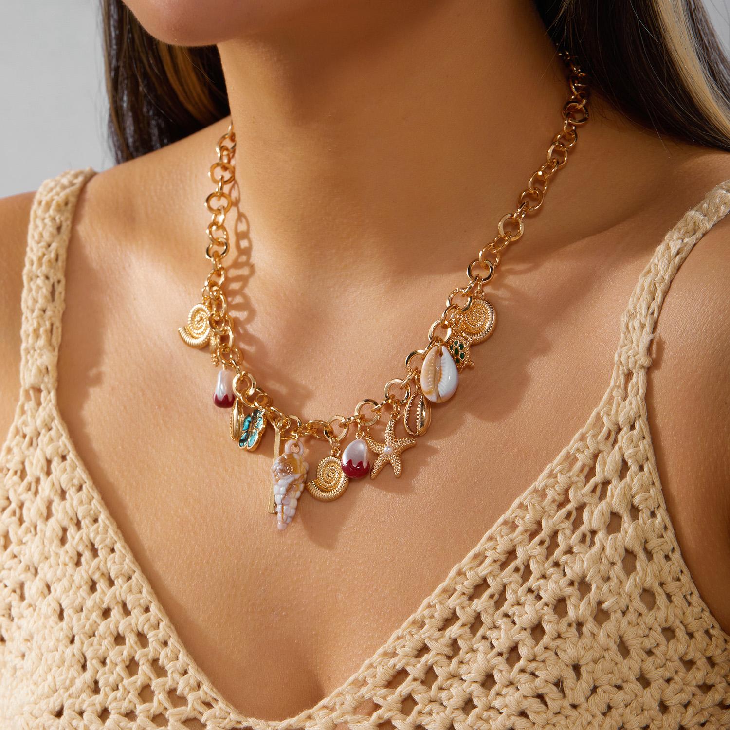 

Bohemian Starfish Shell Conch Turtle Pendant Necklace for Women Punk Thick Chain Flower Choker Charm Summer Vacation Jewelry