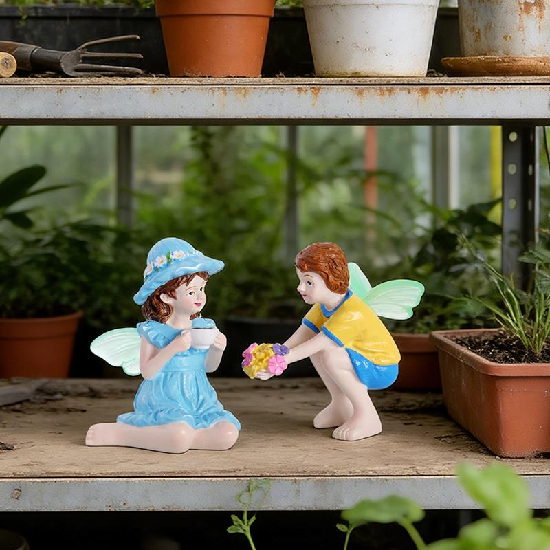 2Pcs Funny Fairy Boy And Girl Statue, Fairy Garden Accessories, Resin Sculpture For Micro Landscape Flowerpot Lawn Yard Garden