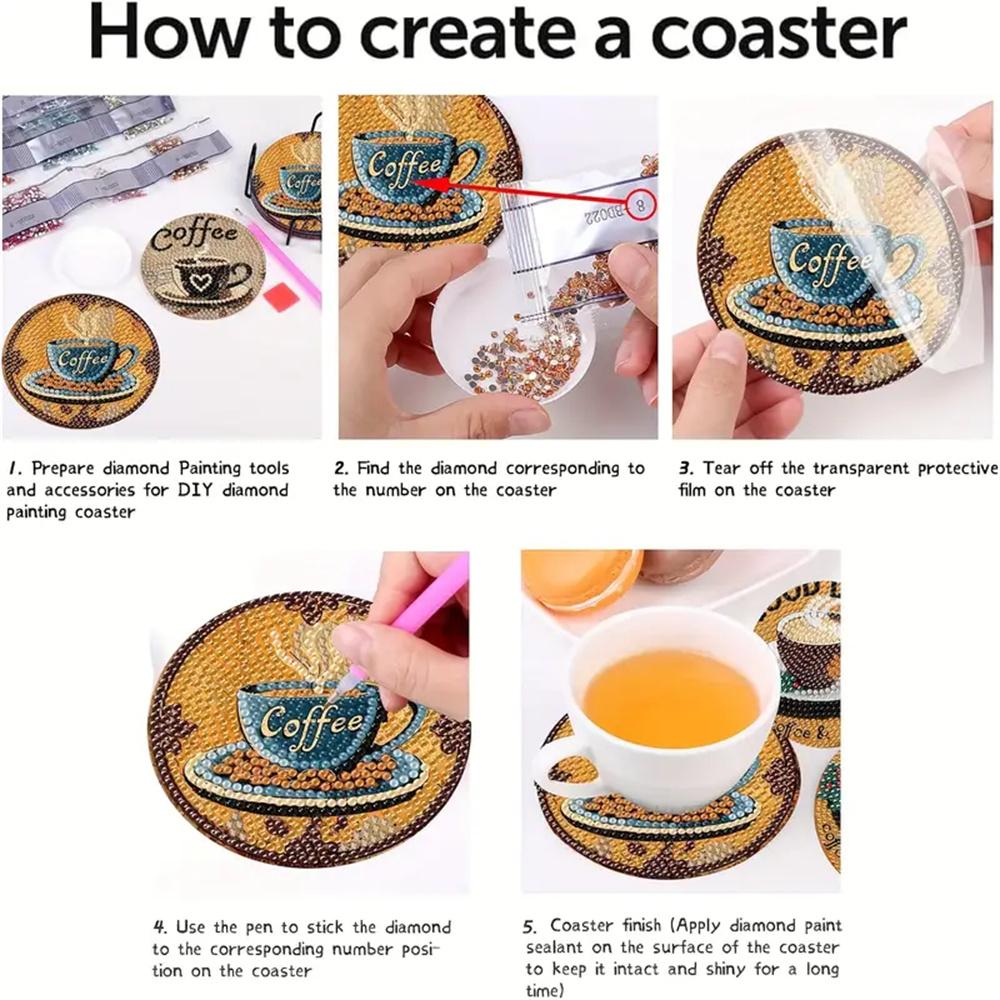 8 Pieces/set of Diamond Painted Coffee Cup Patterned coasters,DIY Coasters with Holder,suitable for Beginners and Adults, Art and Craft Supplies Gifts