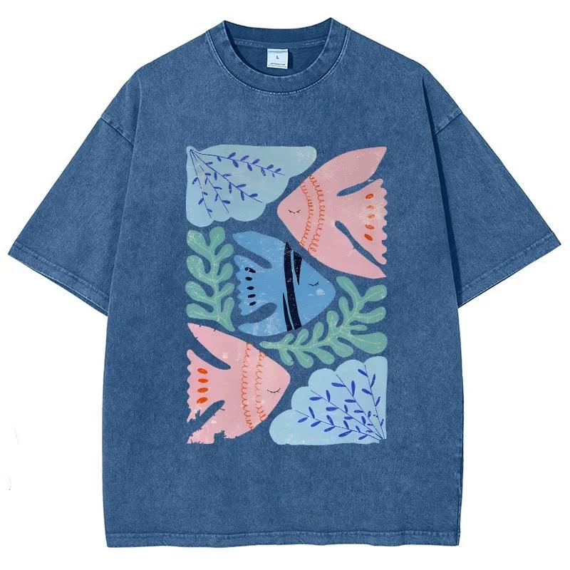 Cartoon Minimalist Feng Shui Grass Small Fish Print  T-Shirt Washed Loose Oversized Short Sleeve Vintage Casual