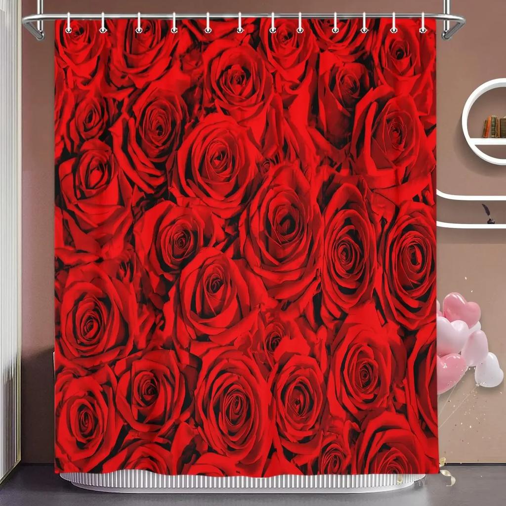 Valentine's Day Shower Curtain Romantic Red Rose Hearts Valentine's Day Genie Shower Curtain Set Shower Curtains Bathroom Decor