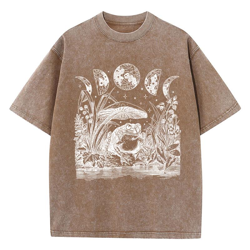 Personality Frog Mushroom Print Women Washed T-Shirt Hip Hop Cotton Short Sleeve Summer T Shirt Loose Soft Top