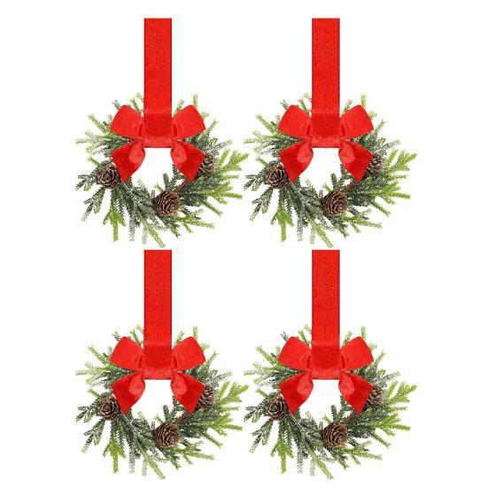 Mini vánoční věnec s červenou sametovou mašlí Dekorace na dvířka skříňky pro kuchyňské okno Selský dům Vchodové dveře Zeď Krb Bobulová girlanda