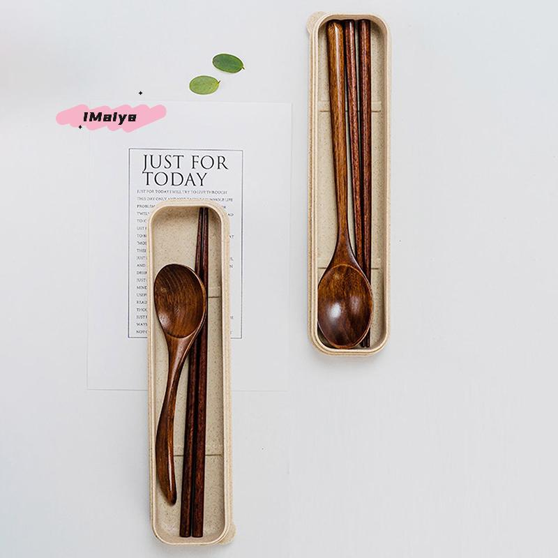 1 Set Handmade Natural Wooden Dinner Kit with Spoon Fork Chopsticks - Kitchen Accessories Storage Box