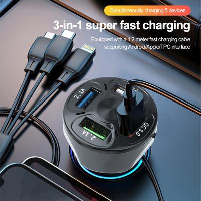 4 USB Car Charger with 3 In 1 Charge Cable QC 3.0 and 3 USB Port Car Phone Charger Adapter
